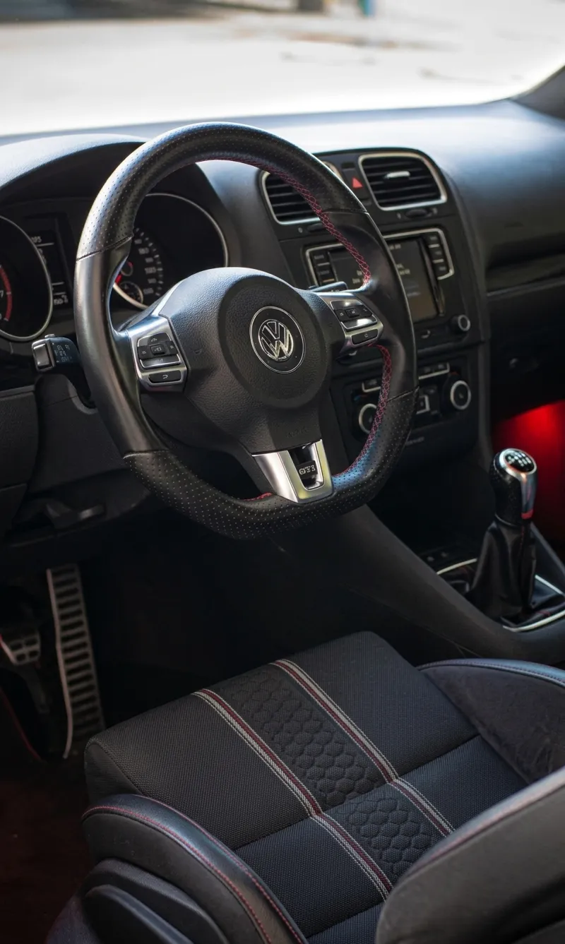 Simons Garage - Fahrzeugaufbereitung - Nahaufnahme eines Volkswagen GTI-Lenkrads und -Schalthebels mit roter Innenraumbeleuchtung.