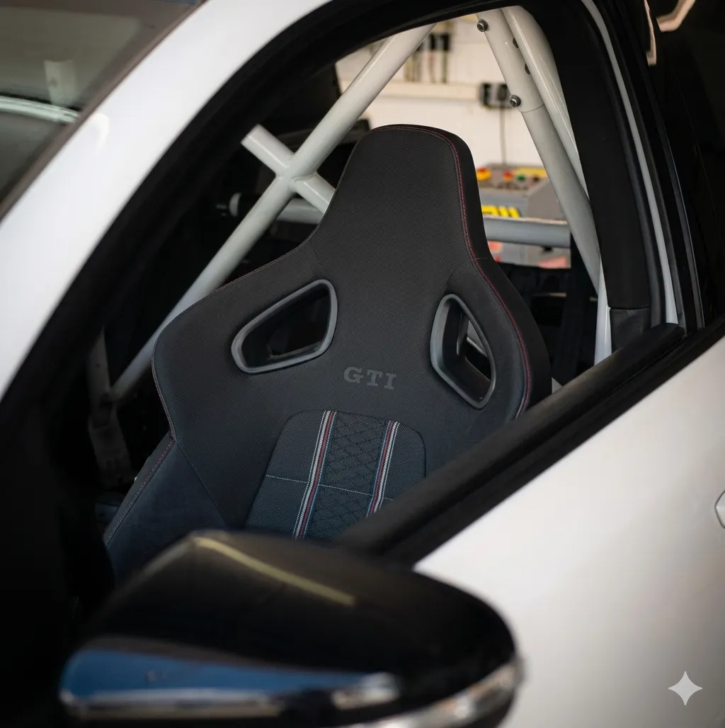 Simons Garage - Fahrzeugaufbereitung - Nahaufnahme eines schwarzen Rennschalensitzes mit „GTI“-Schriftzug in einem weißen Auto.