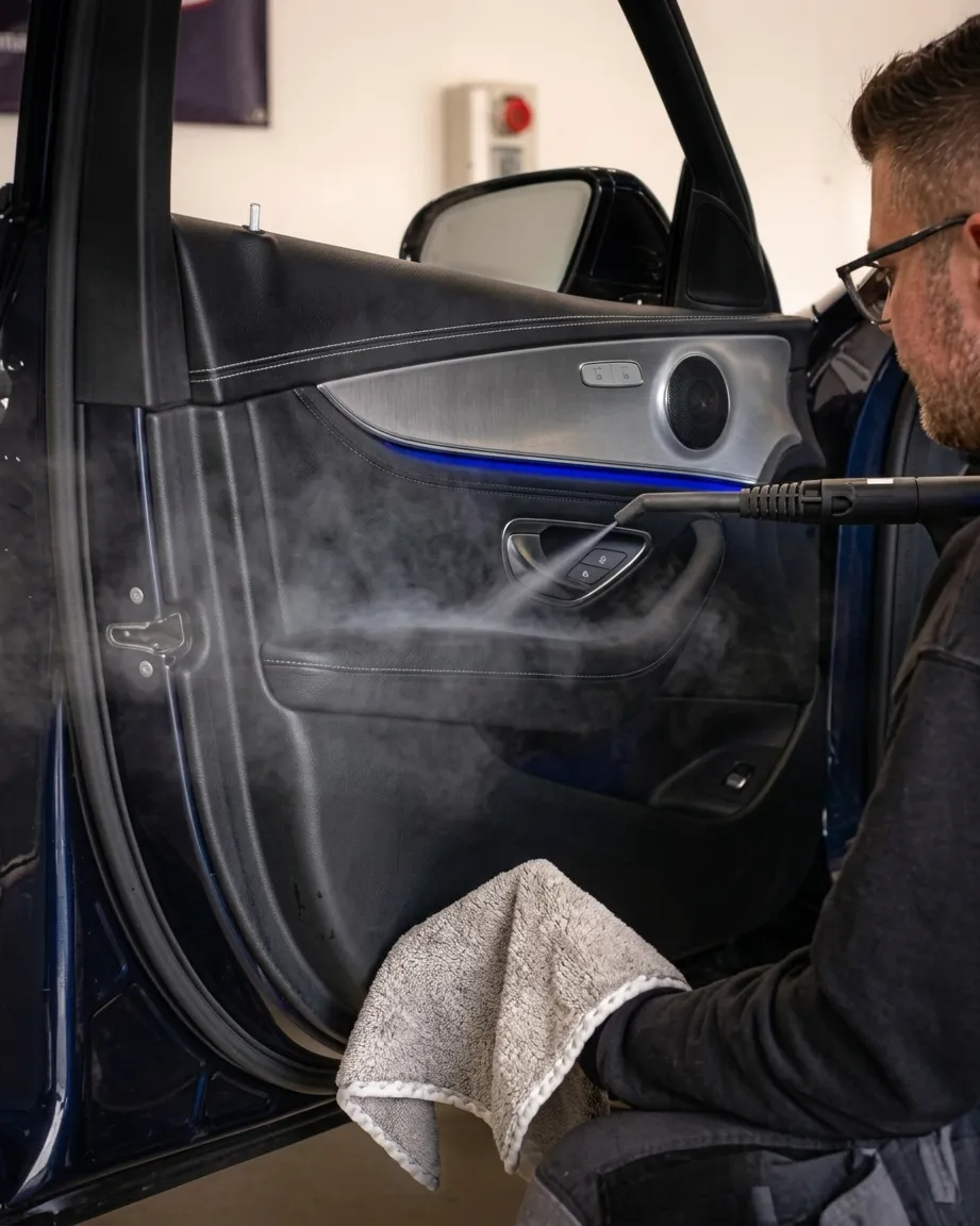 Simons Garage - Fahrzeugaufbereitung - Ein Fahrzeugaufbereiter reinigt mit einem Handdampfreiniger eine schwarze Ledertürverkleidung.