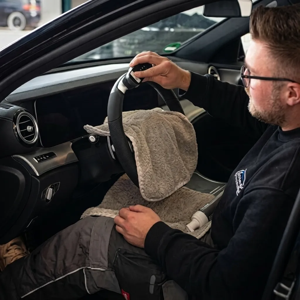 Simons Garage - Fahrzeugaufbereitung - Ein Mann mit Brille reinigt den Innenraum eines Autos und wischt das Lenkrad mit einem Tuch ab.